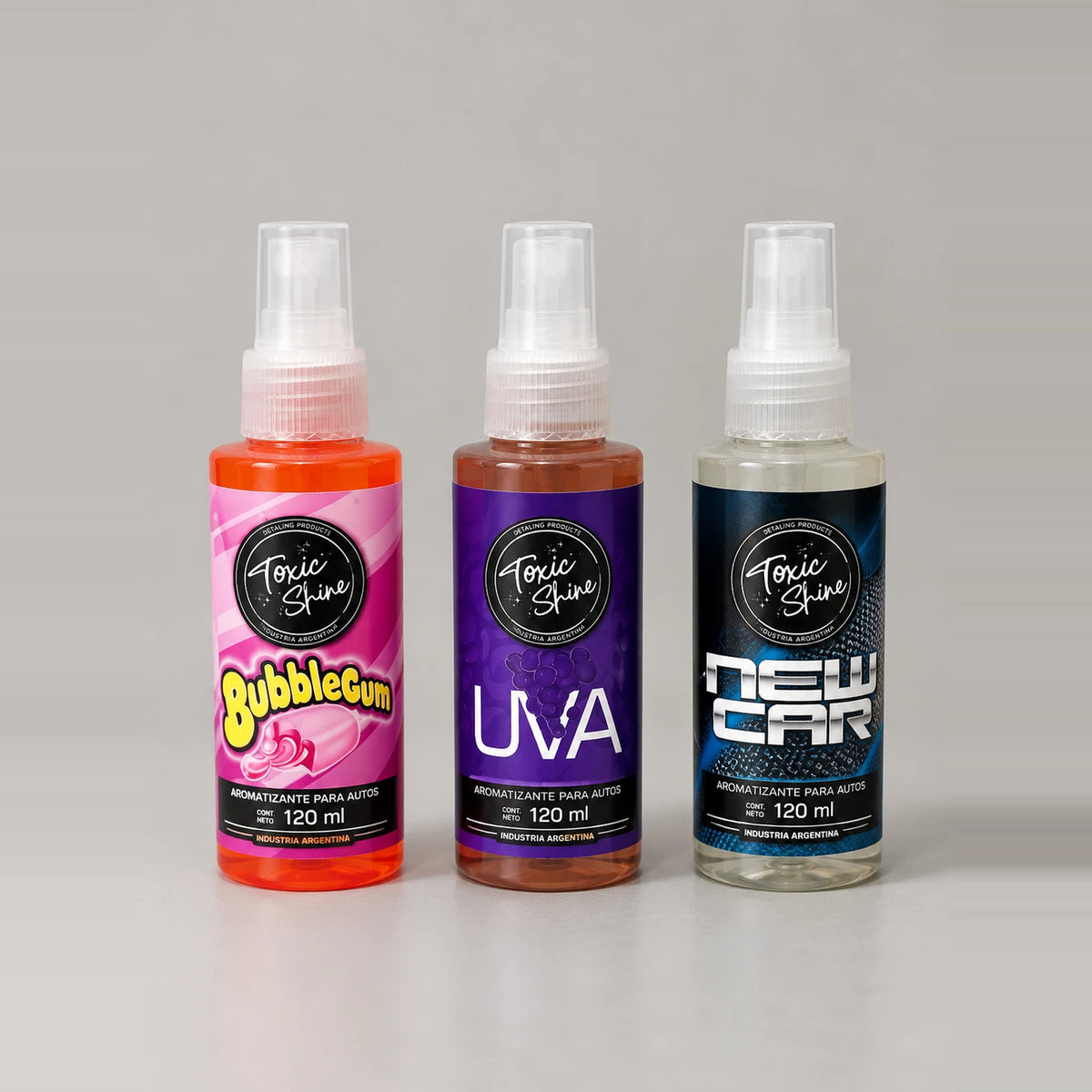 Aromatizantes Toxic Shine para auto 120 ml: Bubblegum, Uva y New Car