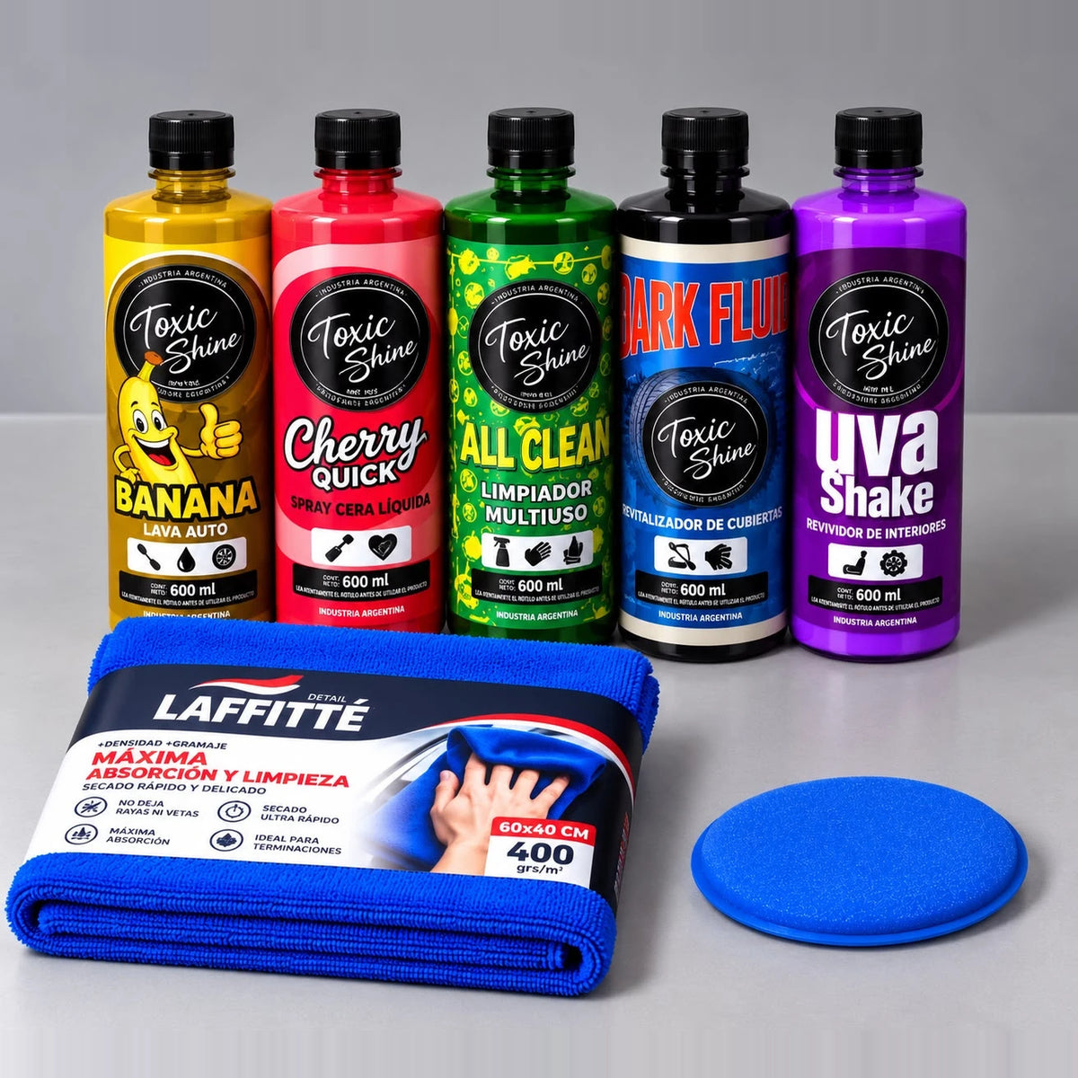 Combo Completo Vayron: Banana Shampoo, Cera Cherry Quick, All Clean, Dark Fluid, Uva Shake, microfibra azul y pad aplicador