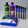 Combo Interior Vayron: All Clean, Uva Shake, kit de 5 brochas y microfibra azul