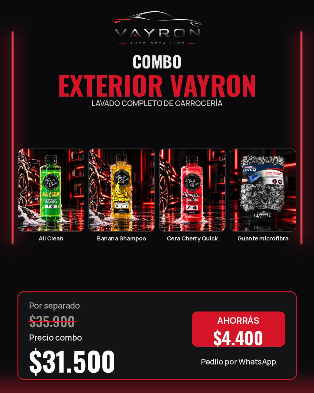 Combo Exterior Vayron: All Clean, shampoo, cera y guante de microfibra