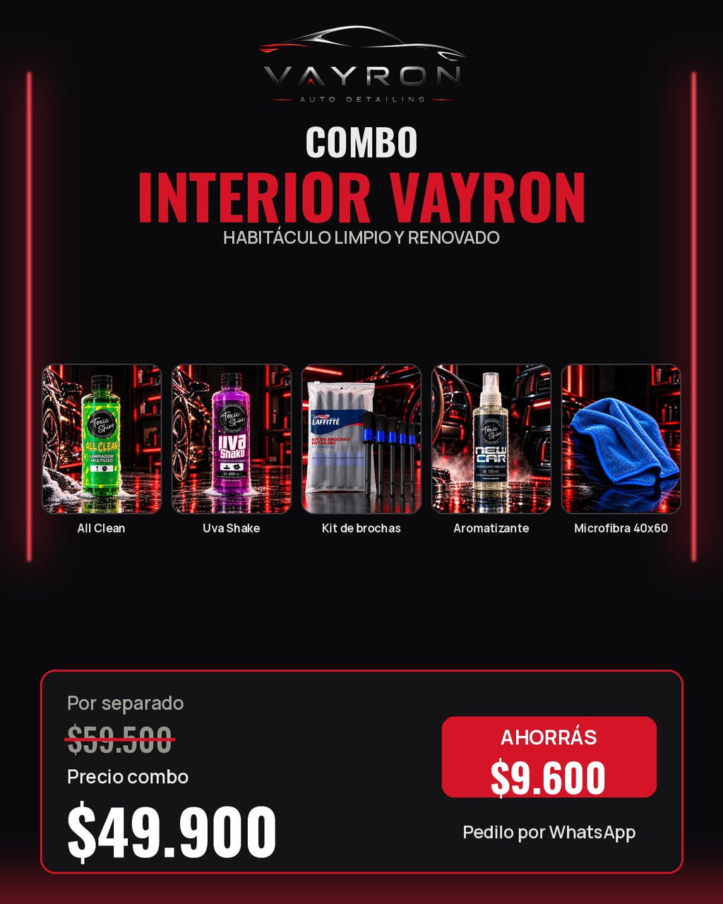 Combo Interior Vayron: All Clean, Uva Shake, kit de brochas y microfibra