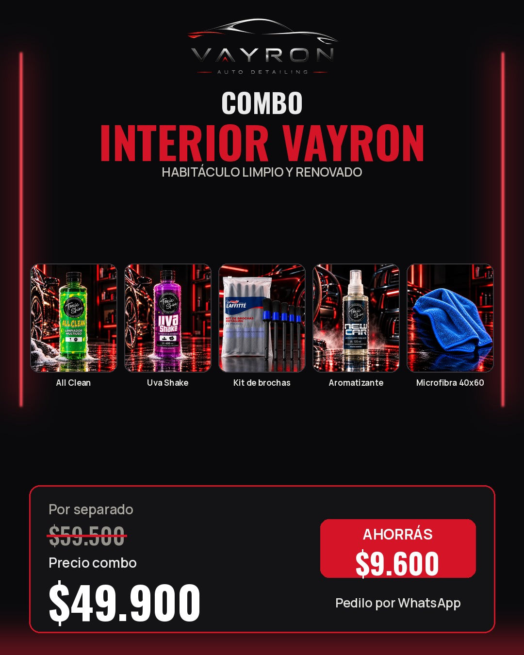 Combo Interior Vayron: All Clean, Uva Shake, kit de brochas y microfibra