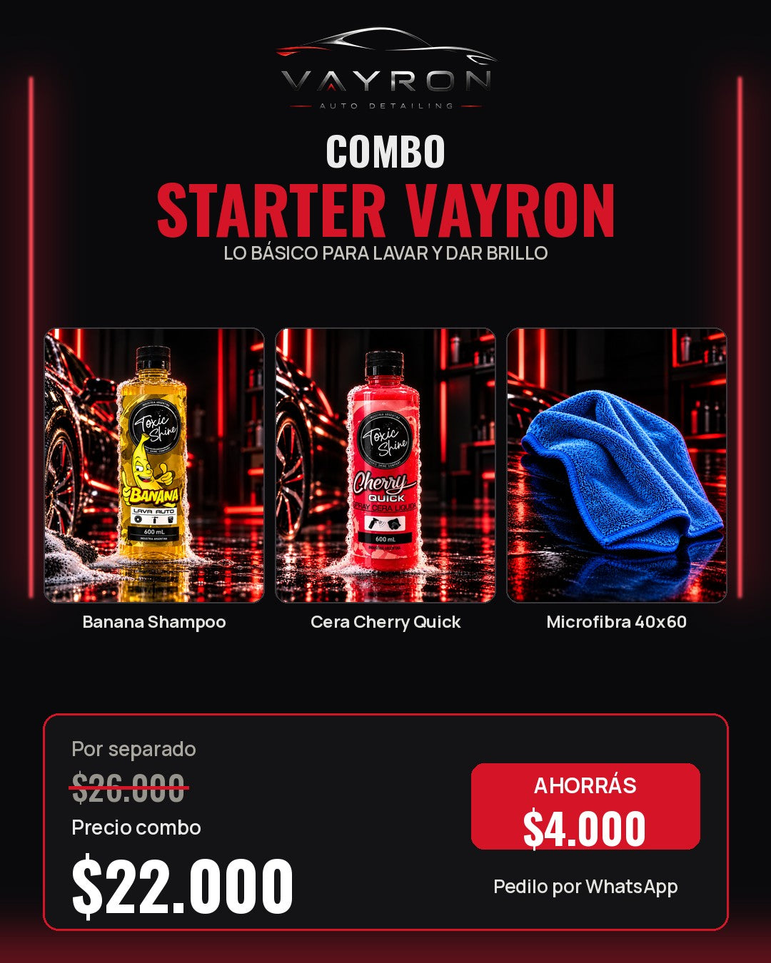 Combo Starter Vayron: shampoo, cera y microfibra